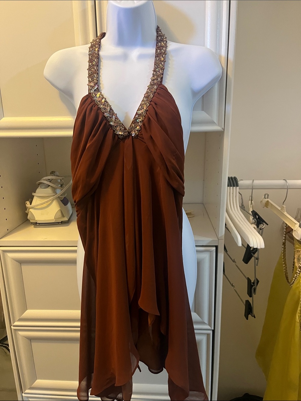 Embellished One-Shoulder Chiffon Dress in Rust